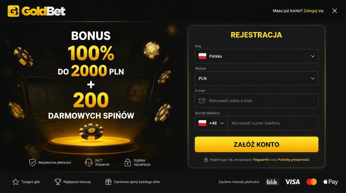rejestracja formularz z wyborem kraju i waluty w GoldBet Casino