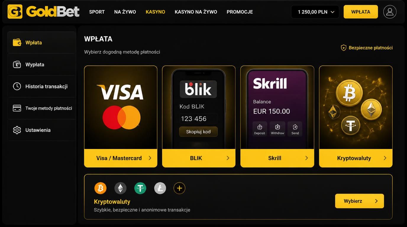 Interfejs przedstawiający karty, BLIK i kryptowaluty w kasynie