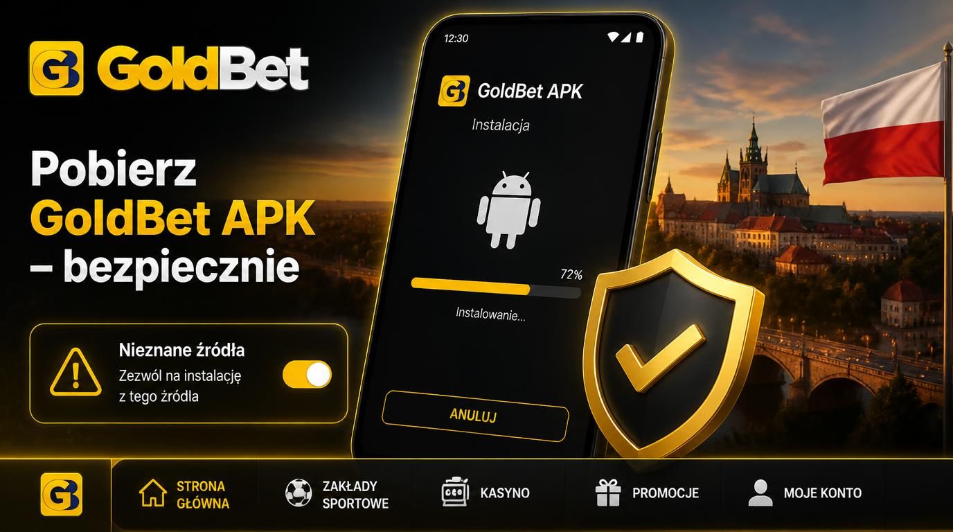 Smartfon Android pokazujący instalację APK z ostrzeżeniem „Nieznane źródła” na tle ikony bezpieczeństwa i flagi Polski