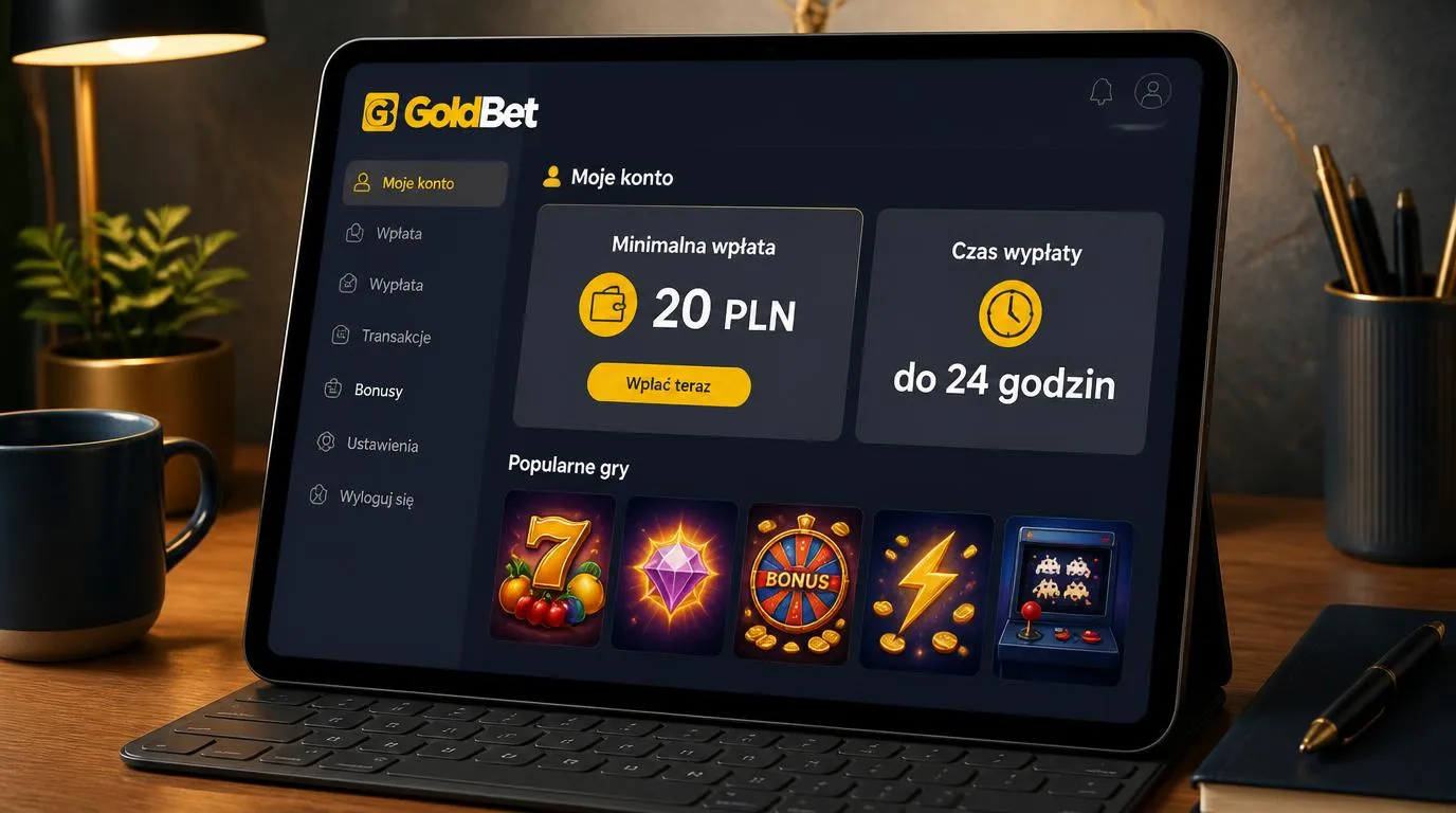 Ekran platformy z wpłatą 20 PLN, informacją o wypłacie do 24 godzin i miniaturami gier